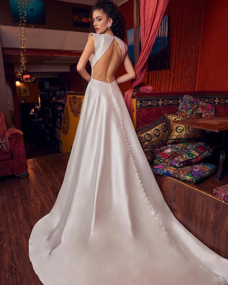 Lp2331 backless satin wedding dress with slit and a line silhouette2